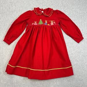 Vive La Fete Dress Girls 4T Red Corduroy Christmas Embroidered Long Sleeves VTG